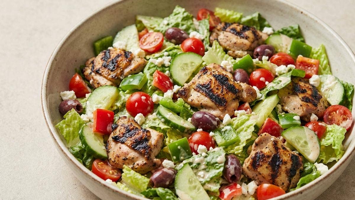Creamy Feta Greek Salad With Grilled Chicken Thighs - Delishably