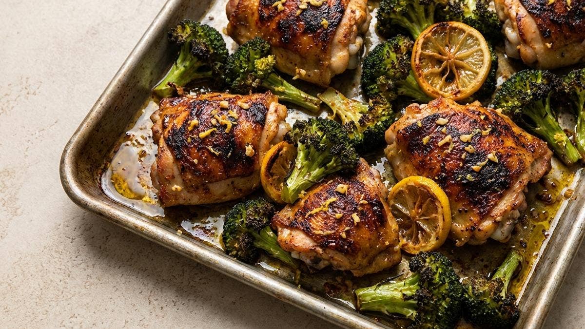 Crispy chicken thighs with garlic and broccoli